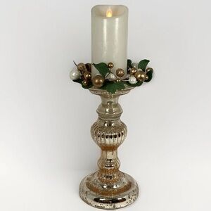 Gold Glass 10.5” Pillar Candleholder, Candle Ring and Flameless Wax Candle